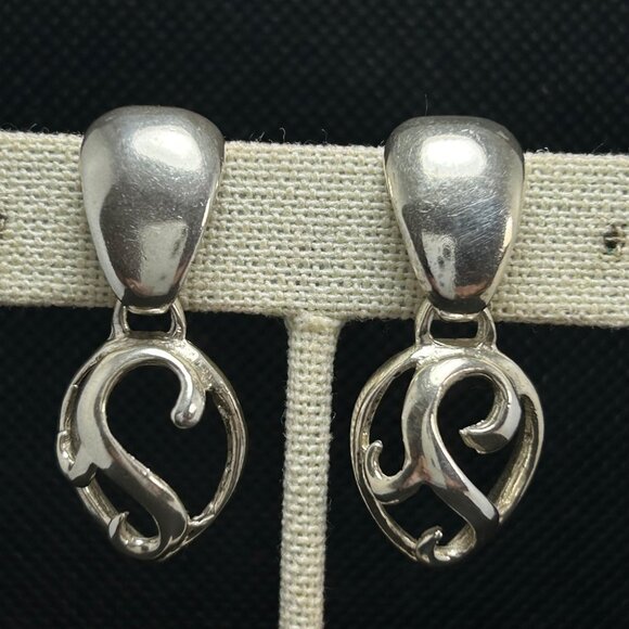 Sterling Silver 925 Door Knocker Scroll Drop Shaped Bold Dangle Earrings 1.5" L - Picture 1 of 9